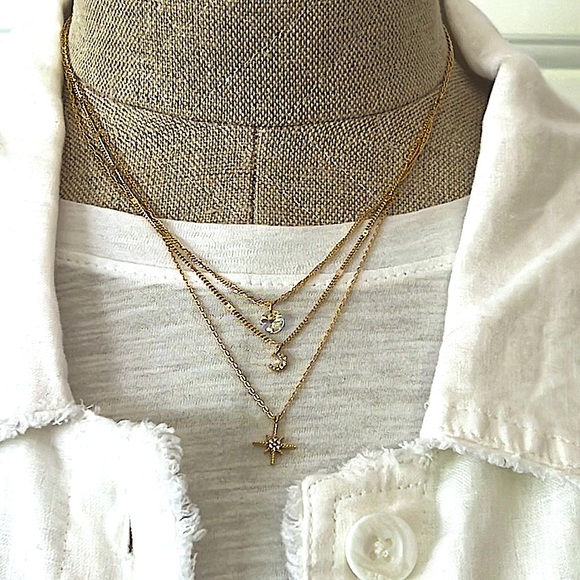 Triple Strand Gold Chains With CZ NorthStar, Moon and Crystal Drop Charms - NEW - Picture 3 of 6